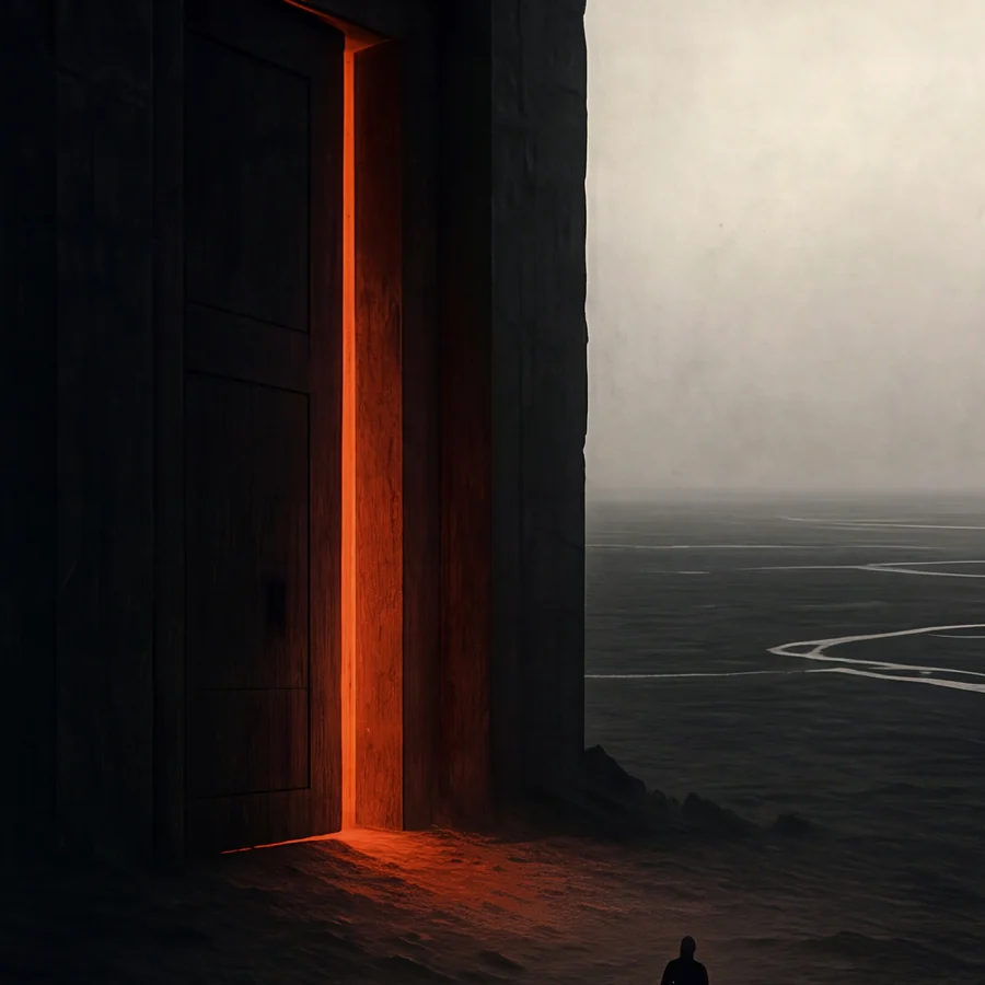 Etched gate ajar with a thin vermilion light seam, a tiny traveler passing through