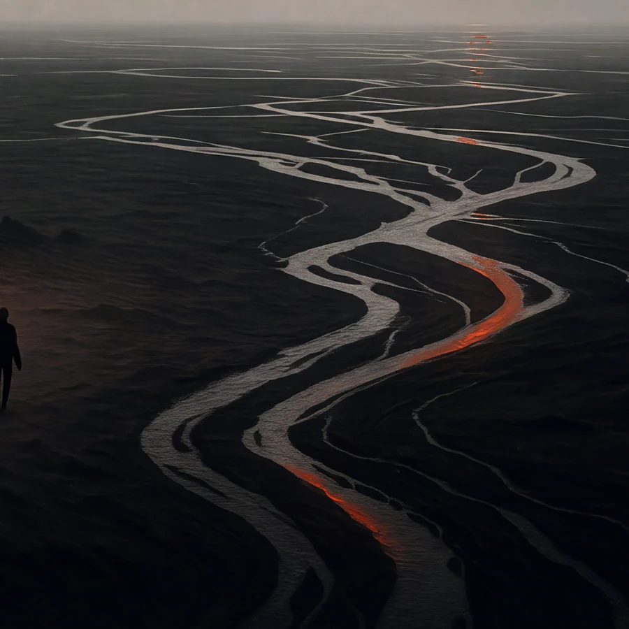 Etched braided delta crossing the plain, the vermilion line running along the main channel