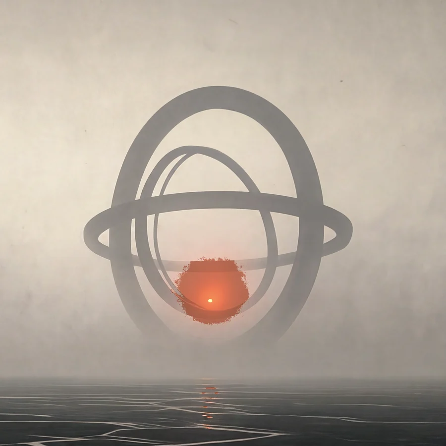 Etched colossal ringed machine on the horizon, the vermilion line feeding its core